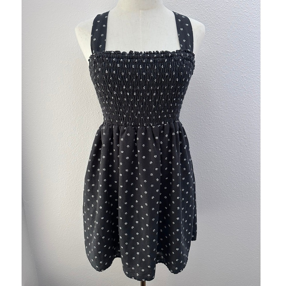 NWT American Eagle Smocked Cross‎ Back Mini Dress S Black Ditsy Floral Cottage
